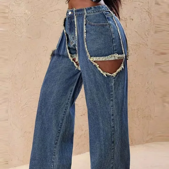 Sexy Hole Fringe Patchwork Jeans Casual Hollow OutLoose Empire Waist Wide Leg D